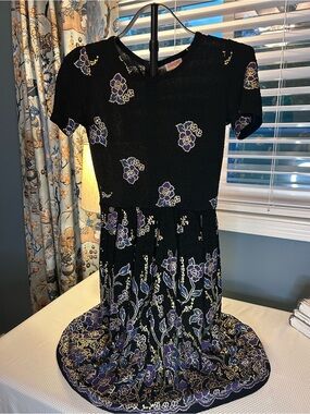 LuLaRoe Elegant Amelia Dress Size S Black Floral Gold Blue Purple Pockets